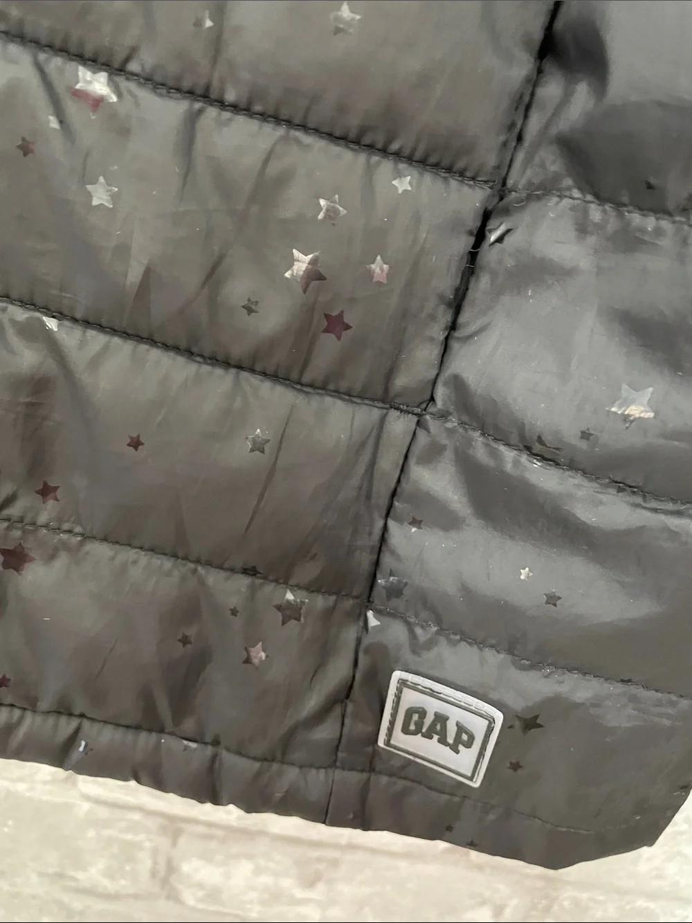 GAP Black Hooded Quilted Puffer with Star Speckle
